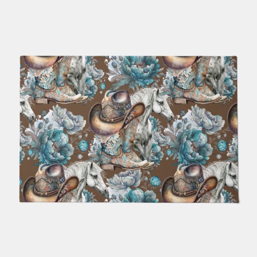 馬の女の子女性のカーボーイパターンターコイズフローラ ドアマット (正面)