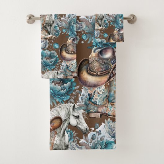 馬の女の子女性のカーボーイパターンターコイズフローラ バスタオルセット (インサイチュ)