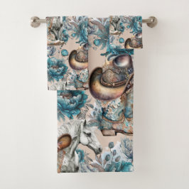 馬の女の子女性のカーボーイパターンターコイズフローラ バスタオルセット