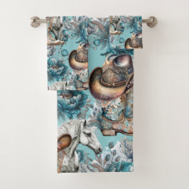 馬の女の子女性のカーボーイパターンターコイズフローラ バスタオルセット