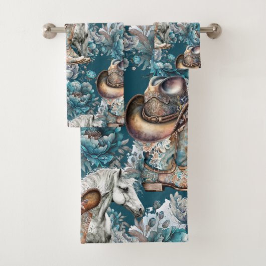 馬の女の子女性のカーボーイパターンターコイズフローラ バスタオルセット (インサイチュ)