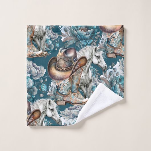 馬の女の子女性のカーボーイパターンターコイズフローラ バスタオルセット (ウォッシュタオル)