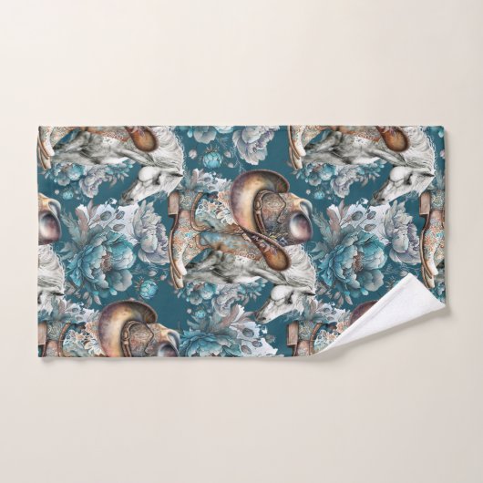 馬の女の子女性のカーボーイパターンターコイズフローラ バスタオルセット (ハンドタオル)