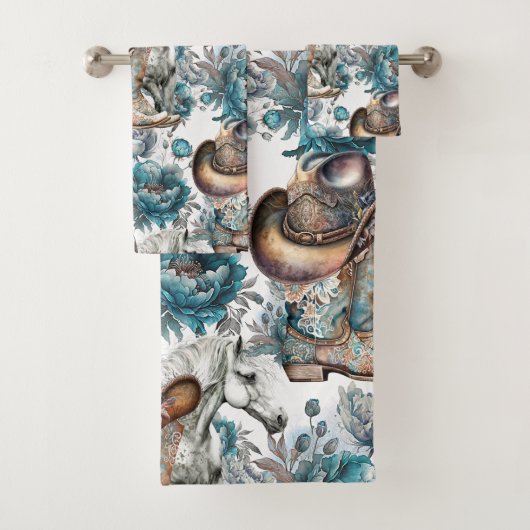 馬の女の子女性のカーボーイパターンターコイズフローラ バスタオルセット (インサイチュ)