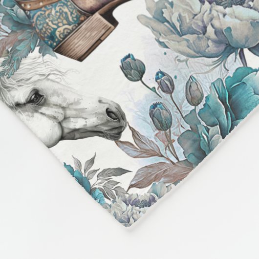 馬の女の子女性のカーボーイパターンターコイズフローラ フリースブランケット (角)