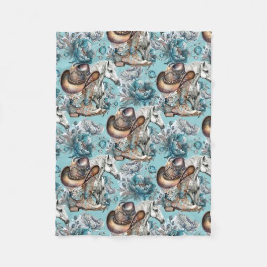 馬の女の子女性のカーボーイパターンターコイズフローラ フリースブランケット (正面)