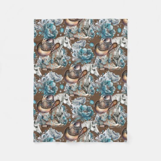 馬の女の子女性のカーボーイパターンターコイズフローラ フリースブランケット (正面)