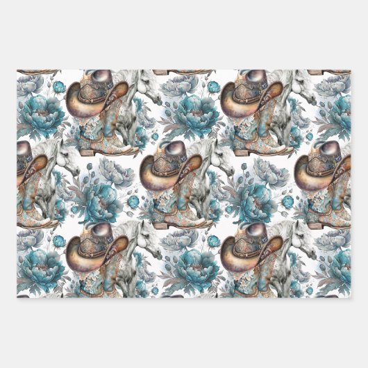 馬の女の子女性のカーボーイパターンターコイズフローラ ラッピングペーパーシート (正面3)