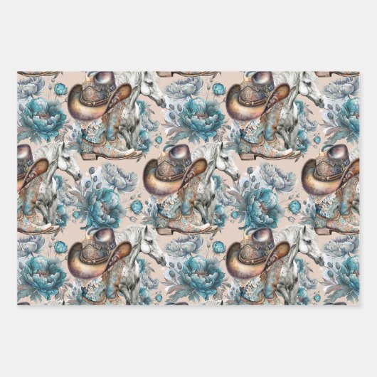 馬の女の子女性のカーボーイパターンターコイズフローラ ラッピングペーパーシート (正面2)