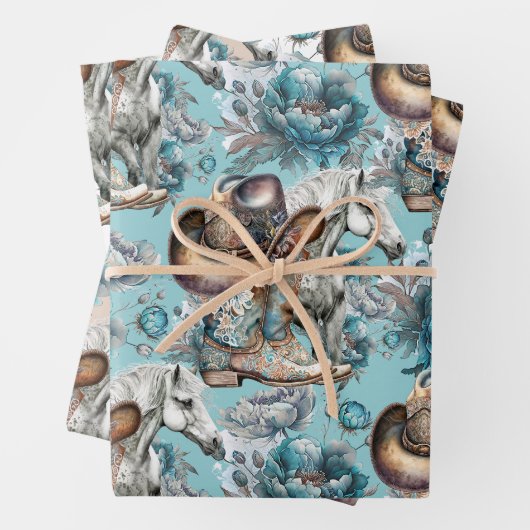 馬の女の子女性のカーボーイパターンターコイズフローラ ラッピングペーパーシート (インサイチュ)