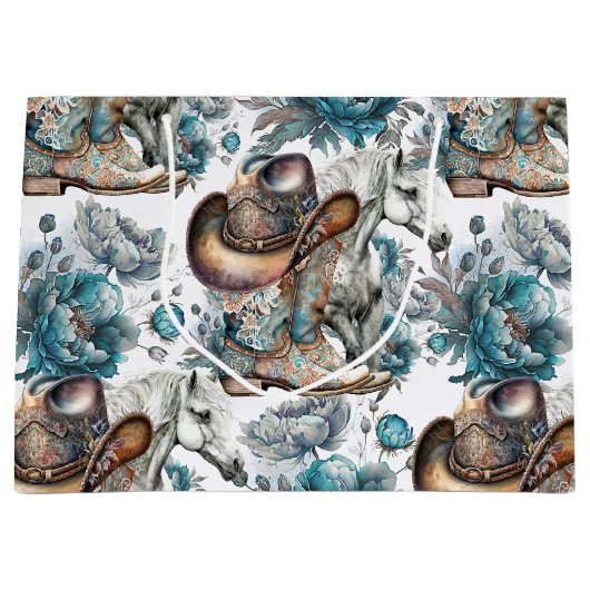 馬の女の子女性のカーボーイパターンターコイズフローラ ラージペーパーバッグ (正面)