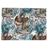 馬の女の子女性のカーボーイパターンターコイズフローラ ラージペーパーバッグ (裏面)