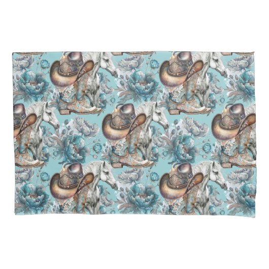 馬の女の子女性のカーボーイパターンターコイズフローラ 枕カバー (正面)