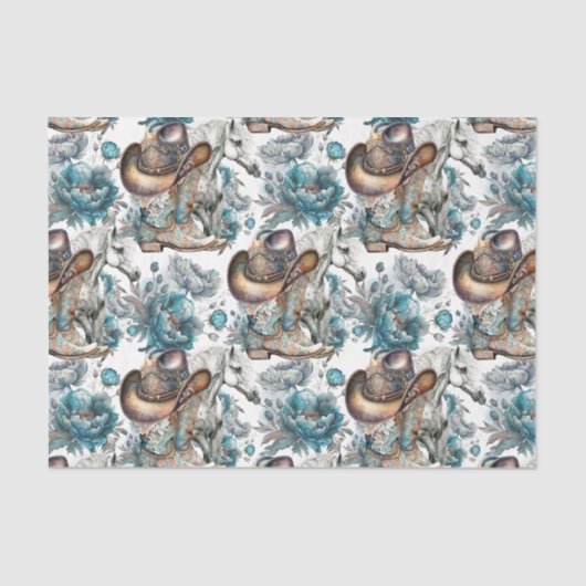 馬の女の子女性のカーボーイパターンターコイズフローラ 薄葉紙 (正面)