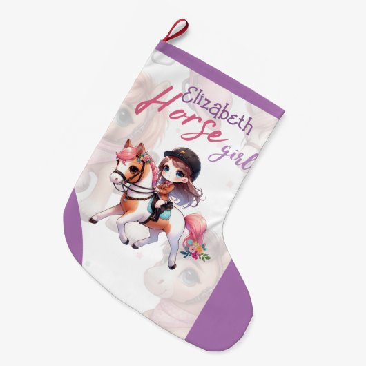 馬の女パーソナライズされたの子ドレッセージライダークリスマス ラージクリスマスストッキング (正面 (吊り時))