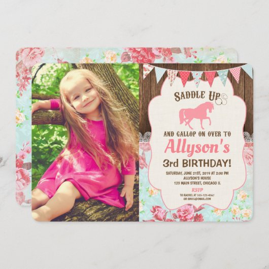馬の女性のカーボーイ誕生日ガールフローラの木の写真 招待状 (正面/裏面)