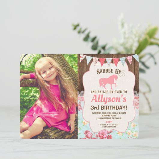 馬の女性のカーボーイ誕生日ガールフローラの木の写真 招待状 (スタンド正面)