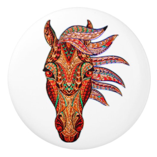 馬の宝石モザイクカラフル女性のカーボーイホワイトブラウン セラミックノブ (正面)