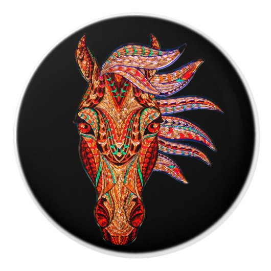 馬の宝石ルックモザイクカラフル女性のカーボーイ セラミックノブ (正面)