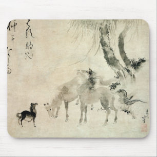 馬の家族,北斎騎馬家,北斎,墨絵 マウスパッド