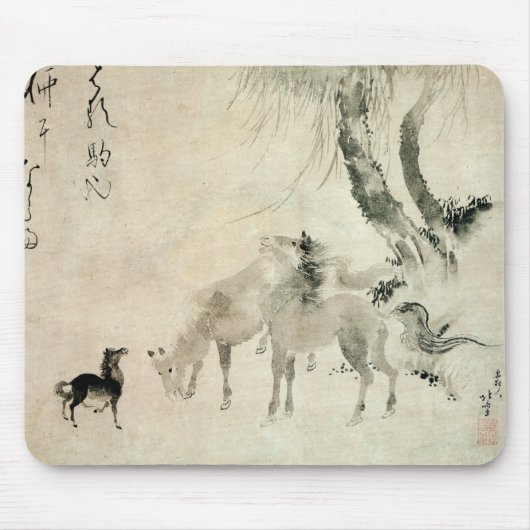 馬の家族,北斎騎馬家,北斎,墨絵 マウスパッド (正面)