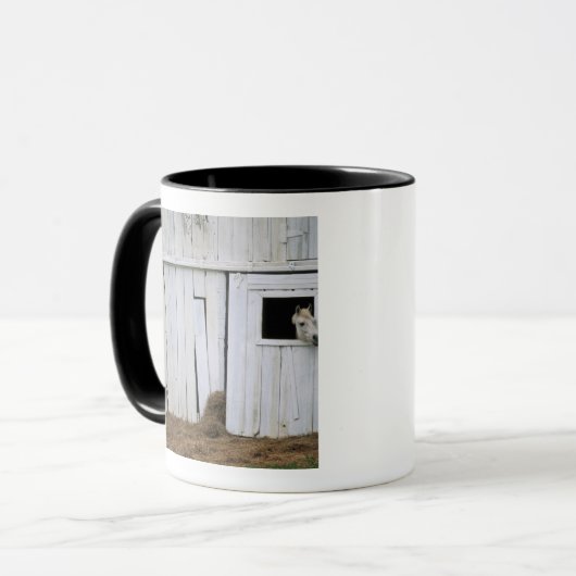 馬の接着は納屋の窓の先頭に立ちます マグカップ (正面左)