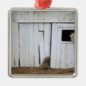 馬の接着は納屋の窓の先頭に立ちます メタルオーナメント (正面)