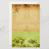 馬の放牧パーチメントモノグラムグリーンブラウン 便箋 (正面/裏面)