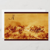 馬の放牧パーチメントモノグラム褐色セピア 便箋 (正面/裏面)