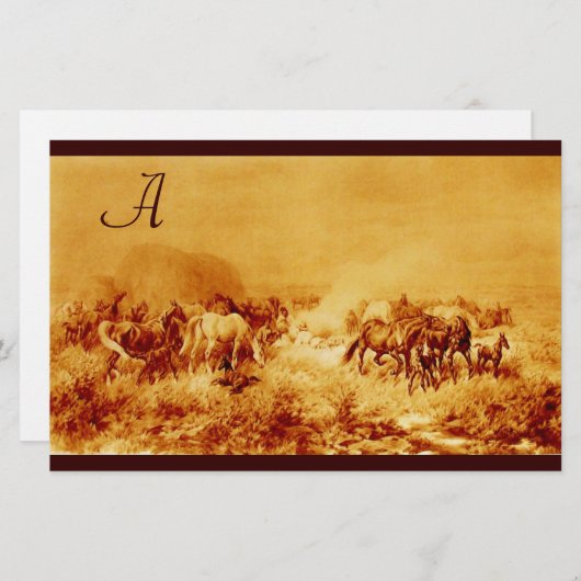 馬の放牧パーチメントモノグラム褐色セピア 便箋 (正面/裏面)