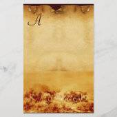 馬の放牧パーチメントモノグラム褐色セピア 便箋 (正面)