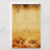 馬の放牧パーチメントモノグラム褐色セピア 便箋 (正面/裏面)