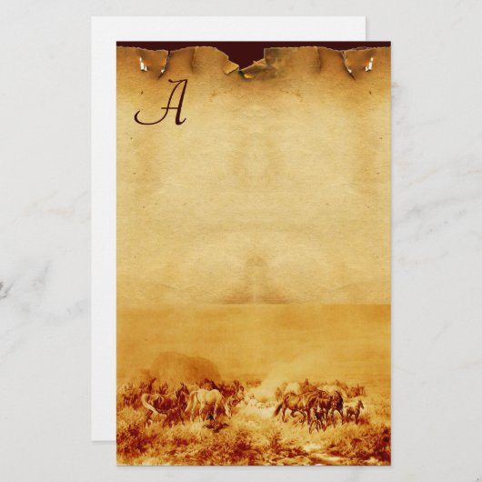 馬の放牧パーチメントモノグラム褐色セピア 便箋 (正面/裏面)