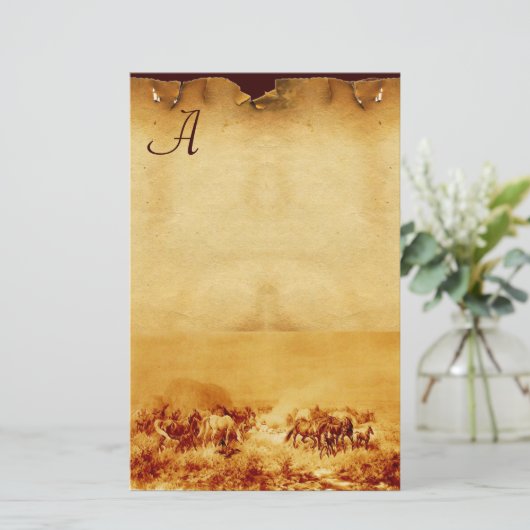馬の放牧パーチメントモノグラム褐色セピア 便箋 (スタンド正面)