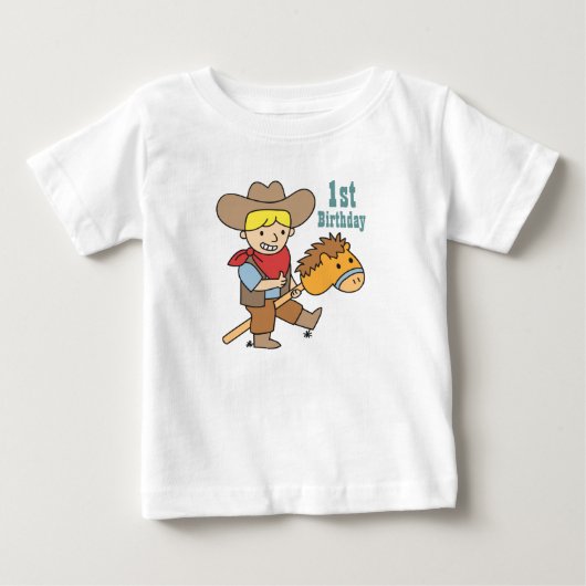 馬の棒に乗って幸せなカウボーイ ベビーTシャツ (正面)