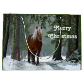 馬の森の雪の水の色のクリスマス ラージペーパーバッグ (裏面)