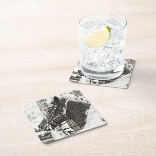 馬の様式化された黒と白のグラフィックアート写真 スクエアペーパーコースター (インサイチュ)