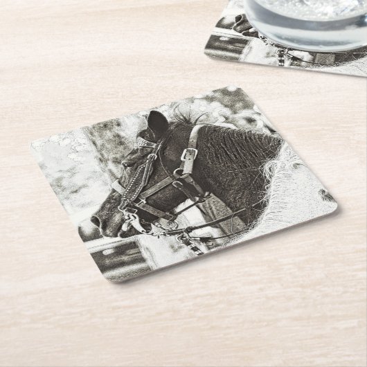 馬の様式化された黒と白のグラフィックアート写真 スクエアペーパーコースター (アングル)