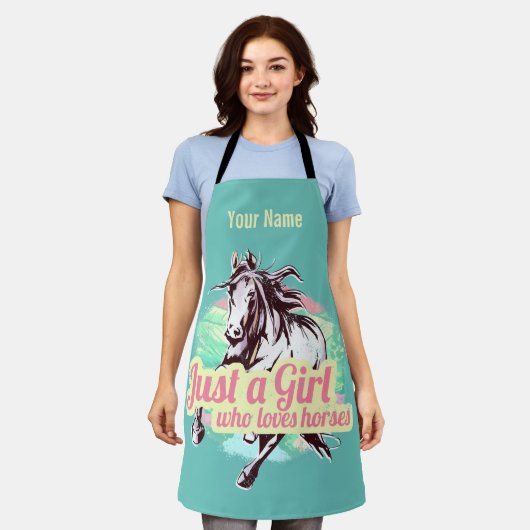 馬の水彩画を愛する女の子だけヴィンテージ エプロン (着用した状態)
