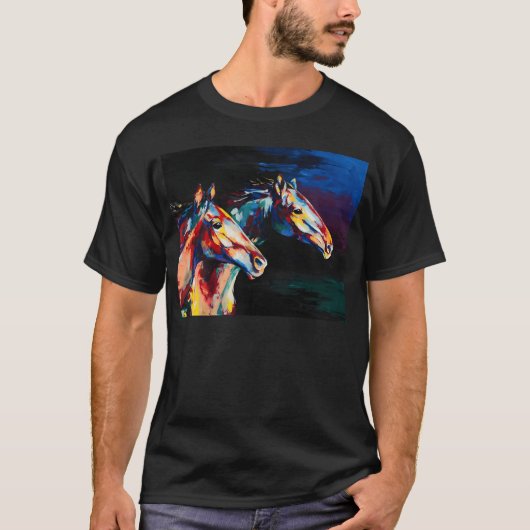 馬の油絵画ポートレートの色の数々のトーン Tシャツ (正面)