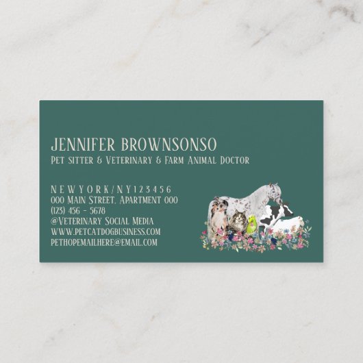 馬の牛の羊の犬の猫の鳥の動物ペットベットグリーン 名刺 (裏面)