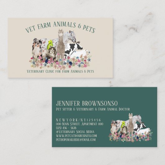 馬の牛の羊の犬の猫の鳥アルパカペット獣医 名刺 (正面/裏面)