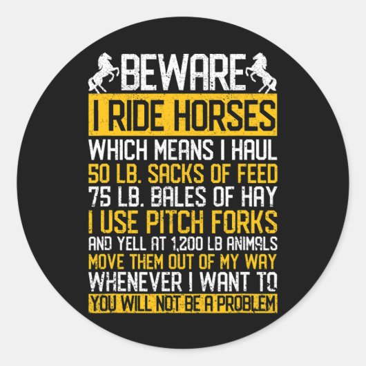 馬の用心私は馬に乗るおもしろい馬好き馬馬 ラウンドシール (正面)