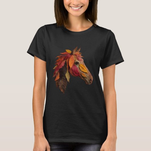 馬の秋の葉芸術的な動物の芸術落ち葉 Tシャツ (正面)
