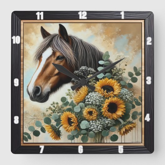 馬の素朴壁 スクエア壁時計 (正面)