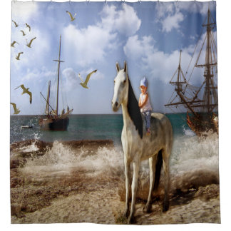 馬の背部の美しい小さな女の子 シャワーカーテン