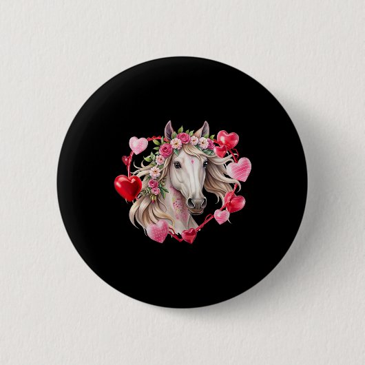 馬の花ハートのバレンタインデー 馬術 缶バッジ (正面)