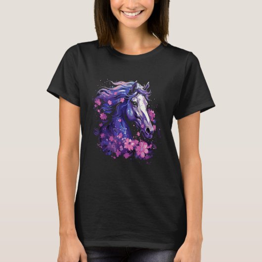馬の花 女性 少女 乗馬 馬好き Tシャツ (正面)