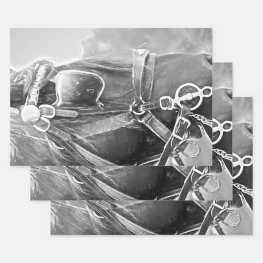 馬の西素朴黒白ヴィンテージ ラッピングペーパーシート (セット)