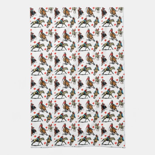 馬の西部のロデオの女性のカーボーイ キッチンタオル (縦)